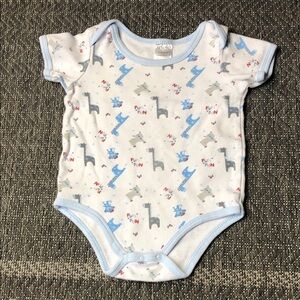 Soft Cotton Baby Onesie in White & Light Blue with Animal Print
